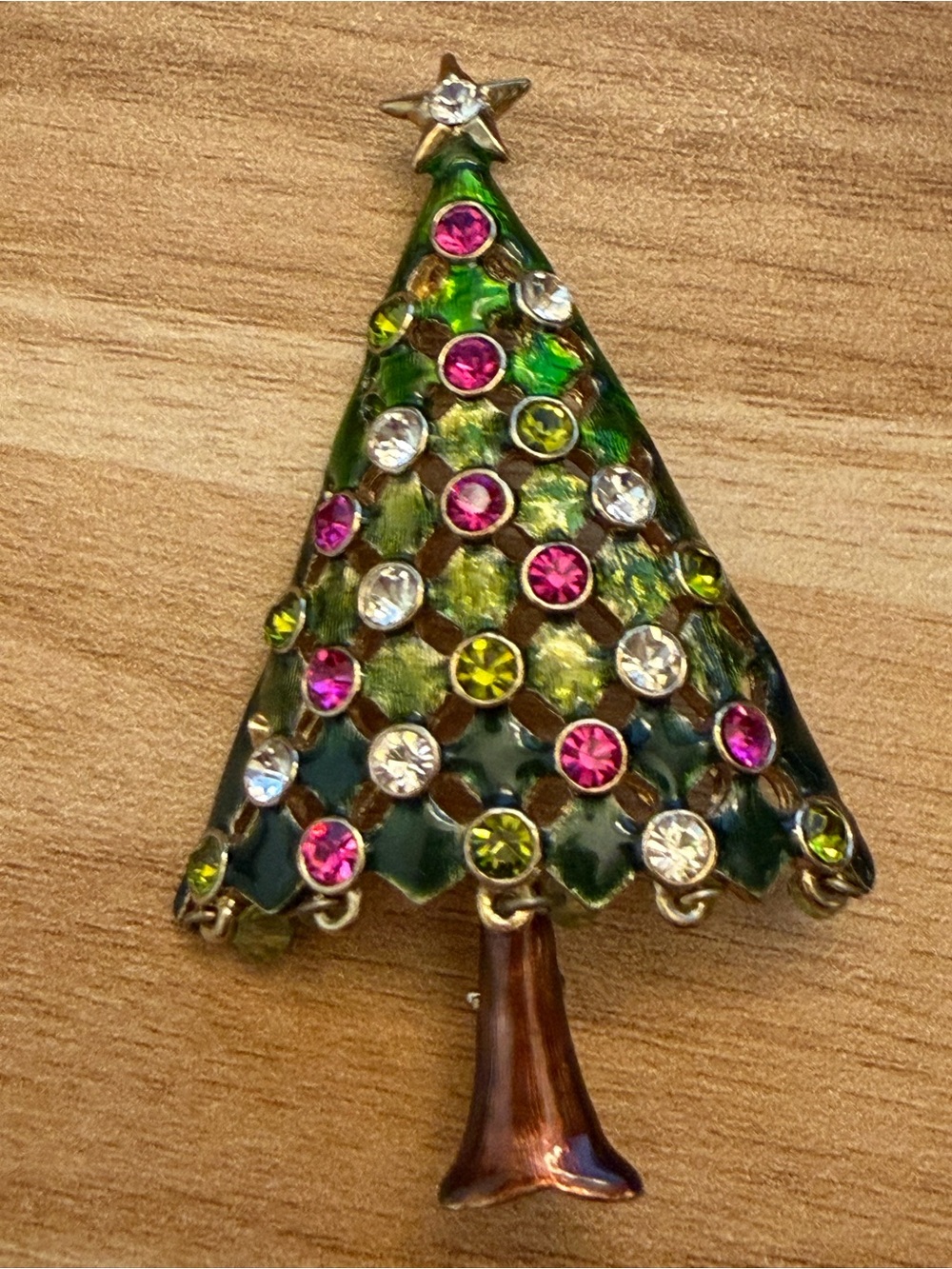 Festive Rhinestone Christmas Tree Brooch - Green with Pink & Clear Stones